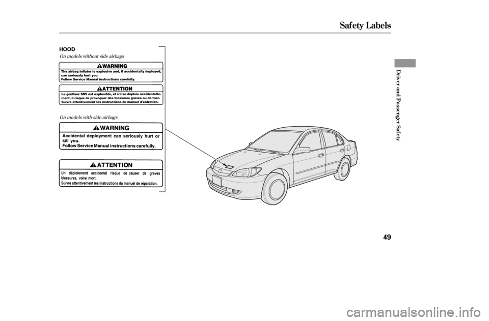 HONDA CIVIC 2005 7.G Owners Manual On models without side airbagsOn models with side airbags
Saf ety L abels
Driver and Passenger Saf ety
49
HOOD
——y



y
(yy 