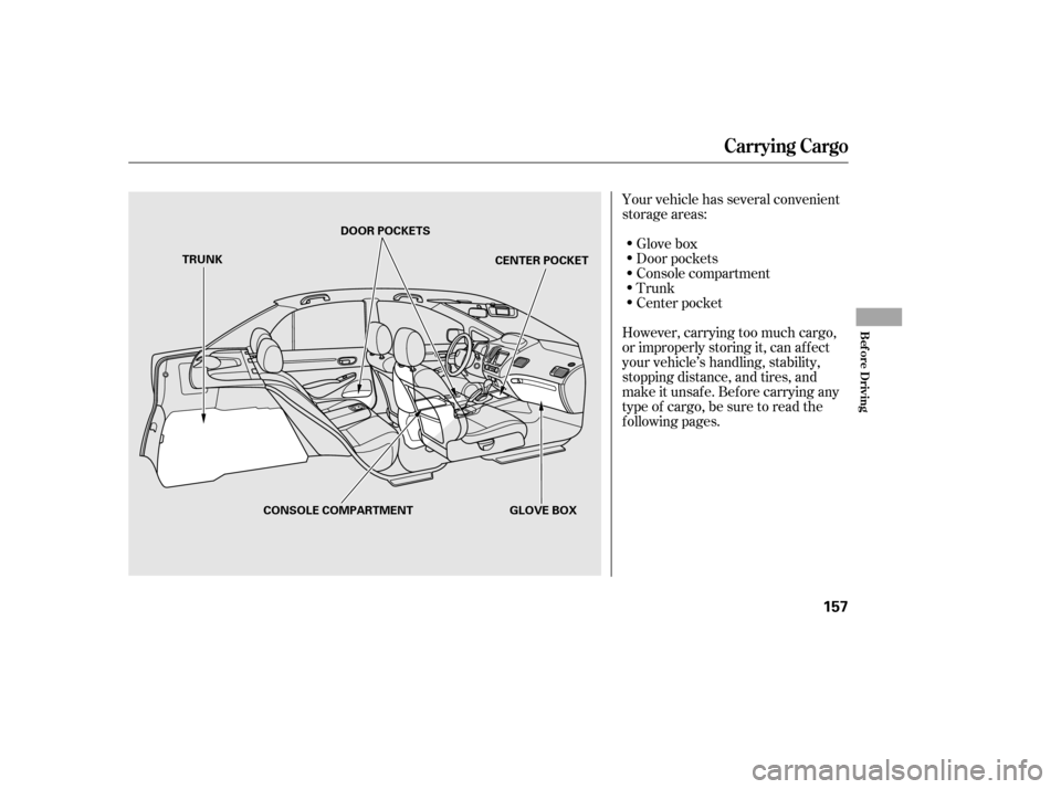 HONDA CIVIC 2006 8.G Owners Manual Your vehicle has several convenient 
storage areas:Glove box 
Console compartment 
Trunk
However, carrying too much cargo,
or improperly storing it, can af f ect
your vehicle’s handling, stability,
