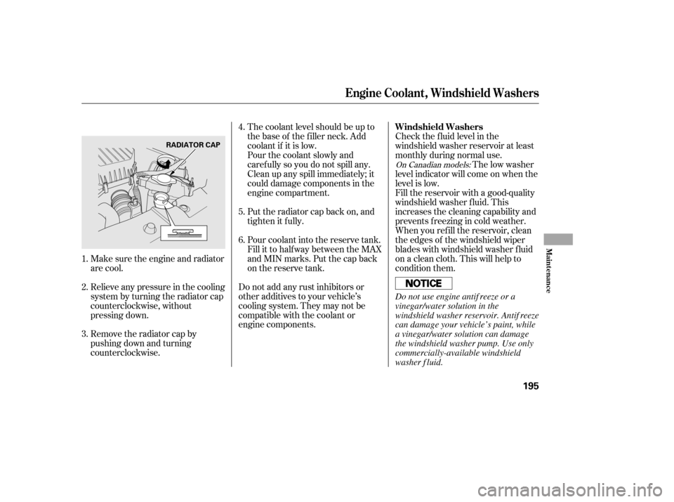 HONDA CIVIC 2006 8.G Owners Manual The coolant level should be up to
the base of the f iller neck. Add
coolant if it is low.
Pourthecoolantslowlyand
caref ully so you do not spill any.
Clean up any spill immediately; it
could damage c HONDA CIVIC 2006 8.G Owners Manual The coolant level should be up to
the base of the f iller neck. Add
coolant if it is low.
Pourthecoolantslowlyand
caref ully so you do not spill any.
Clean up any spill immediately; it
could damage c