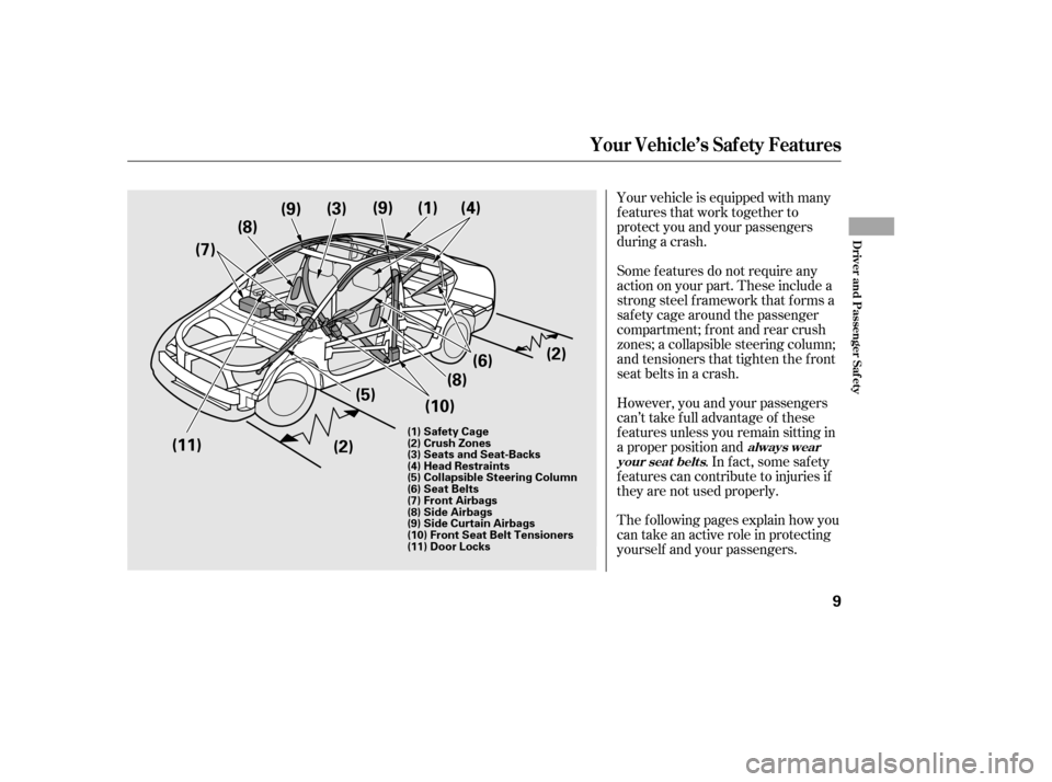 HONDA CIVIC 2006 8.G Owners Manual Your vehicle is equipped with many
features that work together to
protect you and your passengers
during a crash.
Some f eatures do not require any
action on your part. These include a
strong steel HONDA CIVIC 2006 8.G Owners Manual Your vehicle is equipped with many
features that work together to
protect you and your passengers
during a crash.
Some f eatures do not require any
action on your part. These include a
strong steel