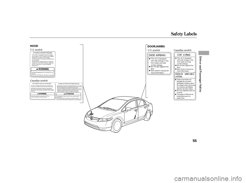 HONDA CIVIC 2006 8.G Owners Manual Canadian models
U.S. models
U.S. models
Canadian models
Saf ety L abels
Driver and Passenger Saf ety
55
HOOD DOORJAMBS
——y

y
(#yy 