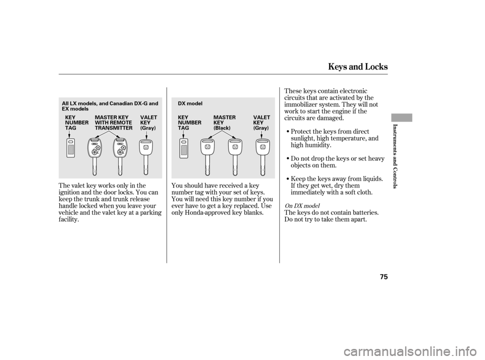 HONDA CIVIC 2006 8.G Owners Manual These keys contain electronic
circuits that are activated by the
immobilizer system. They will not
work to start the engine if the
circuits are damaged.Protect the keys f rom direct
sunlight, high te HONDA CIVIC 2006 8.G Owners Manual These keys contain electronic
circuits that are activated by the
immobilizer system. They will not
work to start the engine if the
circuits are damaged.Protect the keys f rom direct
sunlight, high te
