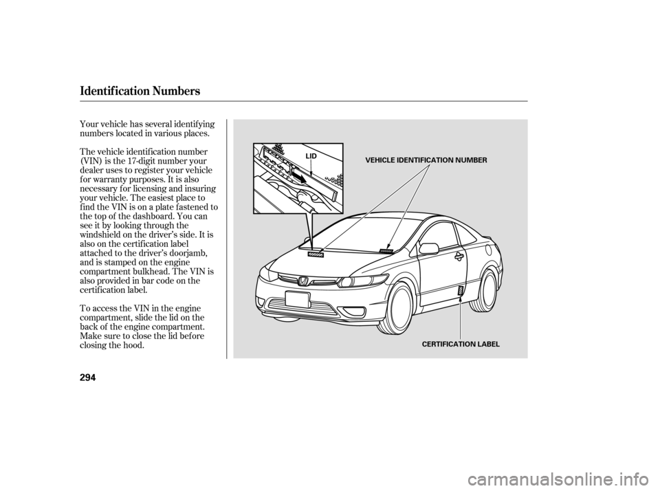 HONDA CIVIC 2008 8.G Owners Manual Your vehicle has several identif ying 
numbers located in various places. 
The vehicle identif ication number 
(VIN) is the 17-digit number your
dealer uses to register your vehicle
f or warranty purp