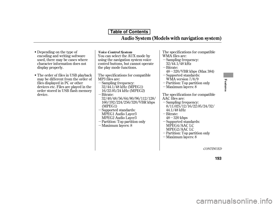 HONDA CIVIC 2010 8.G Owners Manual µ
µ
µ
µ µ µ µ
µ µ µ µ µ µµµ µ µ
CONT INUED
The specif ications f or compatible
AAC files are:
Bitrate:
48 320 kbps
Supported standards:
MPEG4/AAC LC
MPEG2/AAC LC
Par HONDA CIVIC 2010 8.G Owners Manual µ
µ
µ
µ µ µ µ
µ µ µ µ µ µµµ µ µ
CONT INUED
The specif ications f or compatible
AAC files are:
Bitrate:
48 320 kbps
Supported standards:
MPEG4/AAC LC
MPEG2/AAC LC
Par
