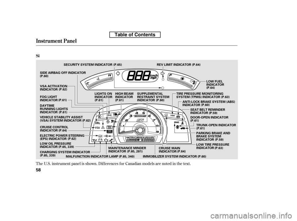 HONDA CIVIC 2010 8.G Owners Manual The U.S. instrument panel is shown. Dif f erences f or Canadian models are noted inthe text.
Instrument Panel
Si
58
LOW FUEL
INDICATOR
MAINTENANCE MINDER
INDICATOR
CRUISE CONTROL
INDICATOR
IMMOBILIZE HONDA CIVIC 2010 8.G Owners Manual The U.S. instrument panel is shown. Dif f erences f or Canadian models are noted inthe text.
Instrument Panel
Si
58
LOW FUEL
INDICATOR
MAINTENANCE MINDER
INDICATOR
CRUISE CONTROL
INDICATOR
IMMOBILIZE