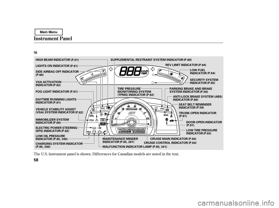 HONDA CIVIC 2011 8.G Owners Manual The U.S. instrument panel is shown. Dif f erences f or Canadian models are noted inthe text.
Instrument Panel
Si
58
ANTI-LOCK BRAKE SYSTEM (ABS) 
INDICATOR
LOW TIRE PRESSURE
INDICATOR (P.63)
(P.61)
SE
