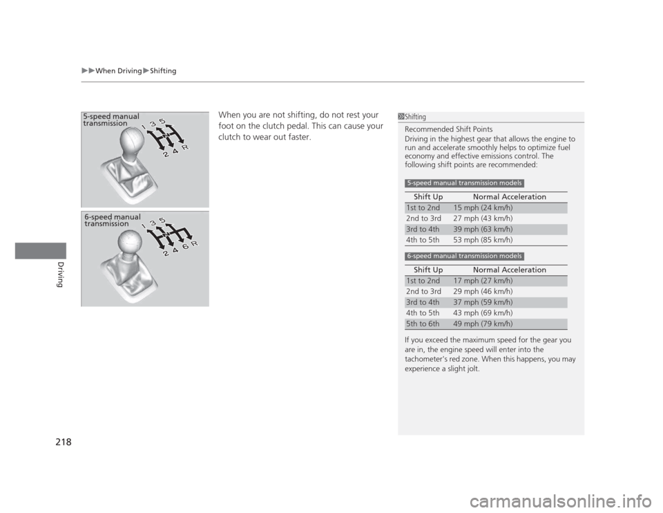 HONDA CIVIC 2012 9.G Owners Manual uuWhen DrivinguShifting
218
Driving
When you are not shifting, do not rest your  
foot on the clutch pedal. This can cause your  clutch to wear out faster. 5-speed manual  
transmission1Shifting 
Reco