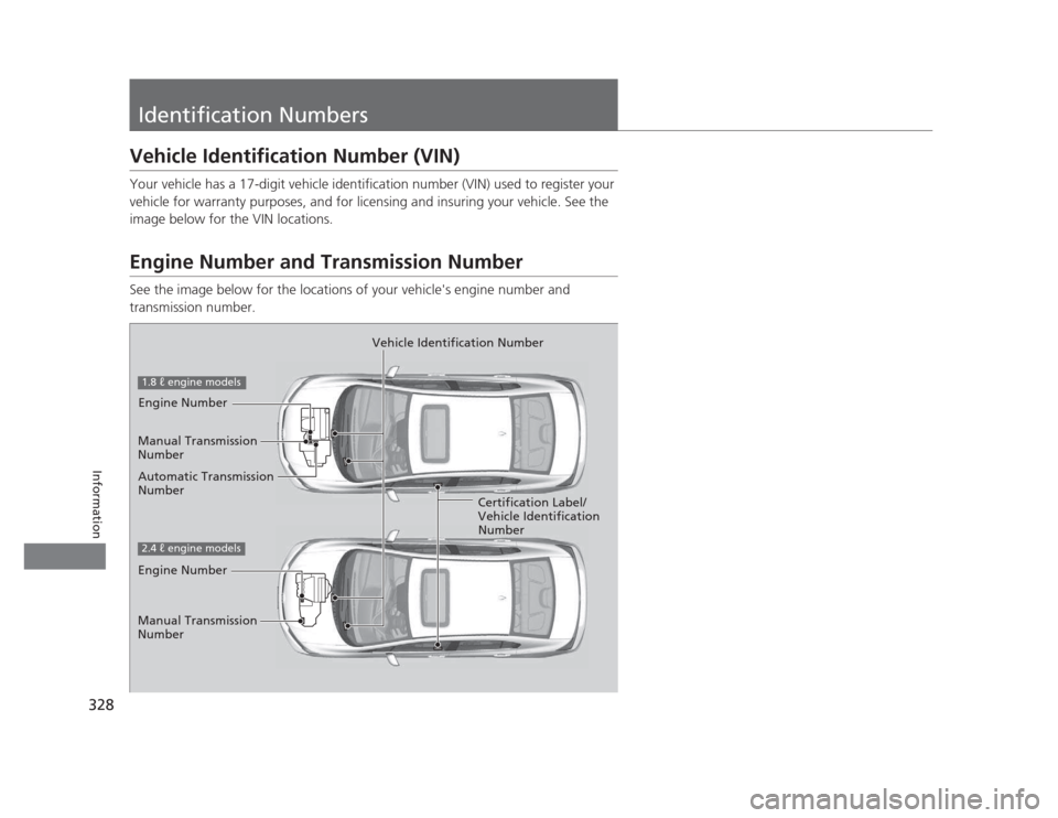HONDA CIVIC 2012 9.G Owners Manual 328
Information
Identification Numbers
Vehicle Identification Number (VIN) 
Your vehicle has a 17-digit vehicle identification number (VIN) used to register your  
vehicle for warranty purposes, and f