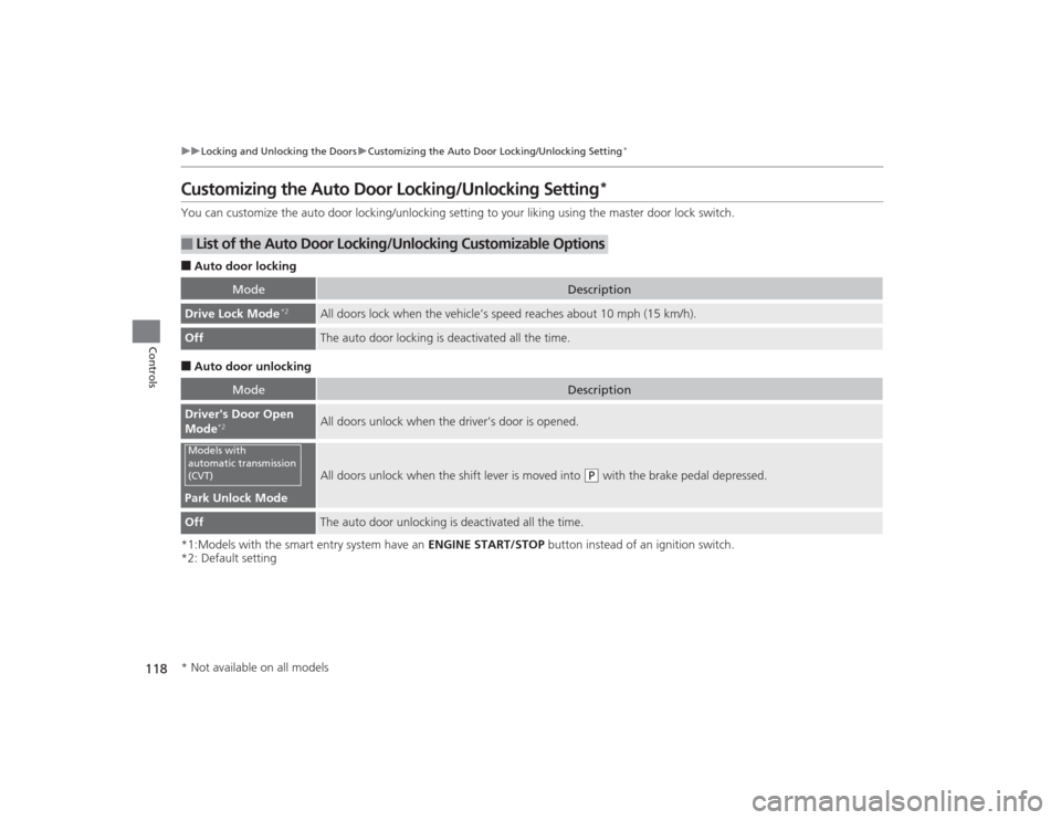 HONDA CIVIC 2014 9.G Owners Manual 118
uuLocking and Unlocking the Doors uCustomizing the Auto Door Locking/Unlocking Setting
*
Controls
Customizing the Auto Door Locking/Unlocking Setting
*
You can customize the auto door locking/unlo