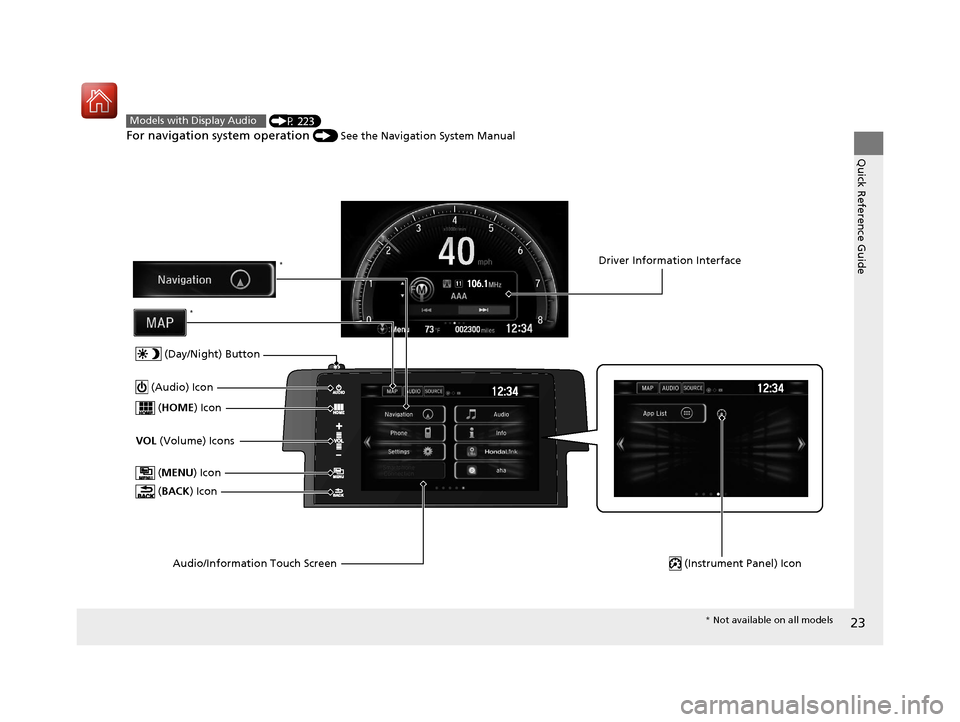 HONDA CIVIC 2016 10.G Owners Manual 23
Quick Reference Guide
Menu
 (P 223)
For navigation system operation () See the Navigation System Manual
Models with Display Audio
 (MENU ) Icon
VOL (Volume) Icons
 (
HOME ) Icon
 (BACK ) Icon
Audio