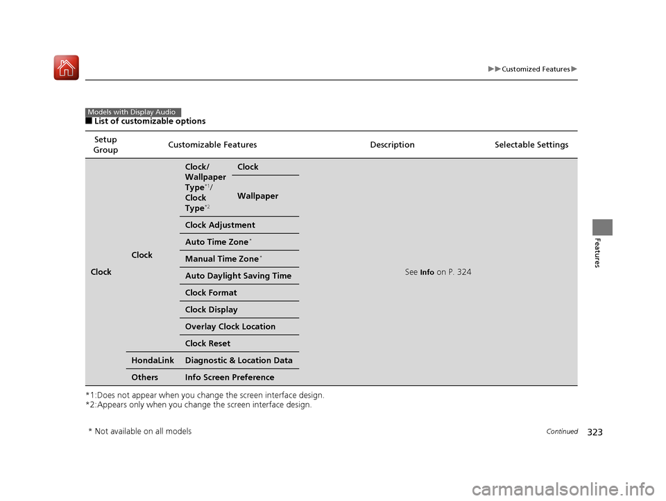 HONDA CIVIC 2017 10.G Owners Manual 323
uuCustomized Features u
Continued
Features
■List of customizable options
*1:Does not appear when you chan ge the screen interface design.
*2:Appears only when you change the screen interface des