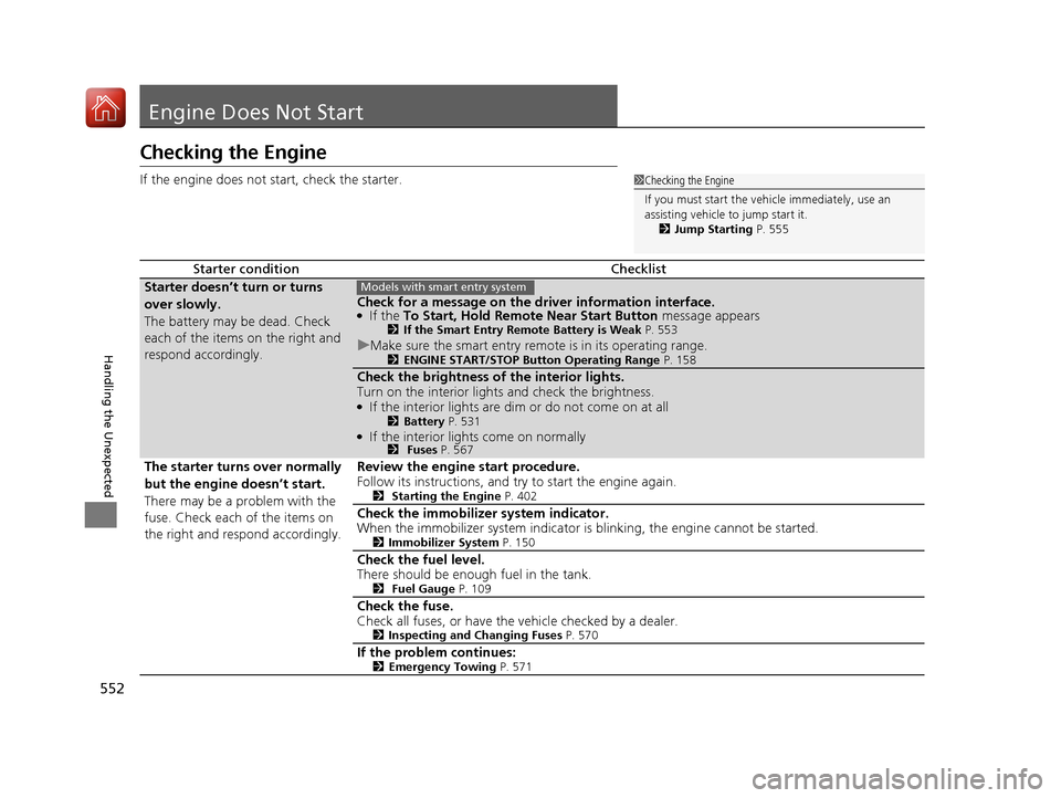 HONDA CIVIC 2017 10.G Owners Manual 552
Handling the Unexpected
Engine Does Not Start
Checking the Engine
If the engine does not start, check the starter.
Starter conditionChecklist
Starter doesn’t turn or turns
over slowly.
The batt HONDA CIVIC 2017 10.G Owners Manual 552
Handling the Unexpected
Engine Does Not Start
Checking the Engine
If the engine does not start, check the starter.
Starter conditionChecklist
Starter doesn’t turn or turns
over slowly.
The batt