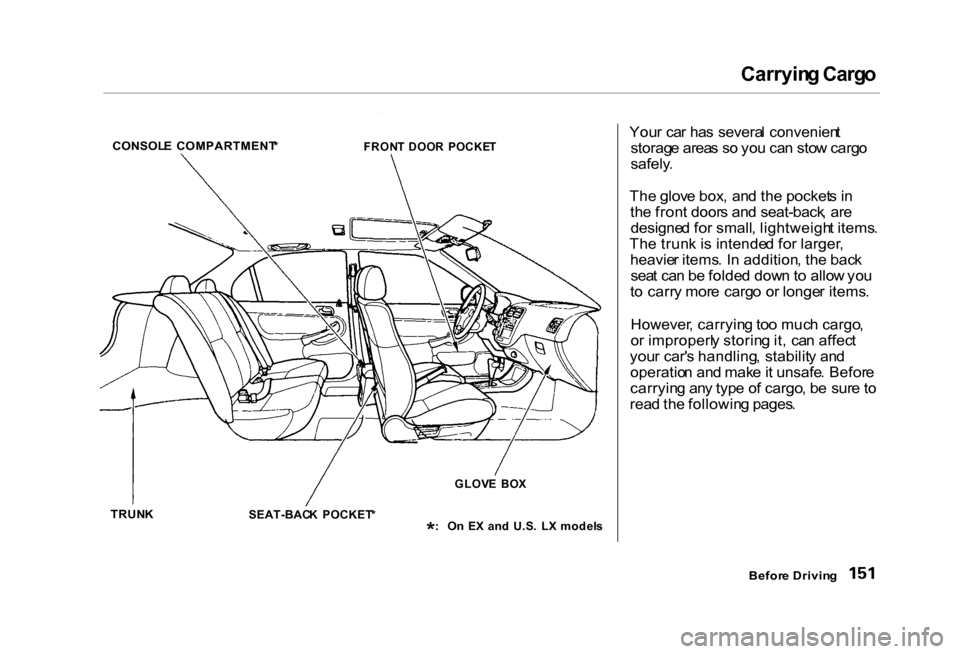 HONDA CIVIC COUPE 2000 7.G Owners Manual Carryin
g Carg o

You r ca r ha s severa l convenien t
storag e area s s o yo u ca n sto w carg o

safely .

Th e glov e box ,  an d th e pocket s i n
th e fron t door s an d seat-back , ar e
designe 