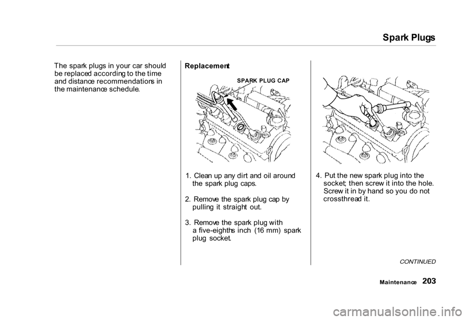 HONDA CIVIC COUPE 2000 7.G Owners Manual Spar
k Plug s
Th e  spar k plug s i n you r ca r shoul d
b e replace d accordin g to  th e tim e
an d distanc e recommendation s i n
th e maintenanc e schedule .
1.  Clea n u p an y dir t an d oi l ar