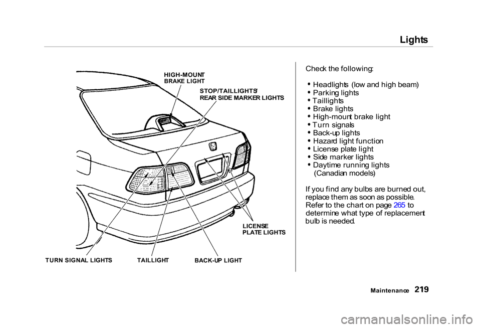 HONDA CIVIC COUPE 2000 7.G Owners Manual Light
s

Chec k th e following :
Headlight s  (lo w an d hig h beam )
Parkin g light s
Taillight s
Brak e light s
High-moun t brak e ligh t
Tur n  signal s
Back-u p light s
Hazar d ligh t functio n
Li