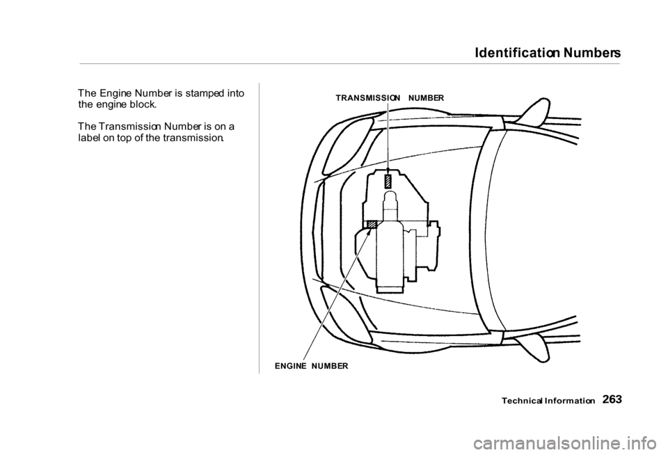 HONDA CIVIC COUPE 2000 7.G Owners Manual Identificatio
n Number s

Th e Engin e Numbe r i s stampe d int o
th e  engin e block .
Th e Transmissio n Numbe r i s o n a
labe l o n to p o f th e transmission . TRANSMISSIO
N  NUMBE R
ENGIN E  NUM