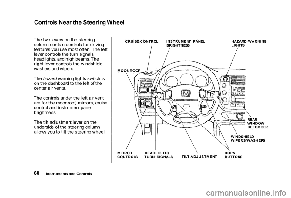 HONDA CIVIC COUPE 2000 7.G Owners Manual Control
s Nea r th e Steerin g Whee l

Th e tw o lever s o n th e steerin g
colum n contai n control s fo r drivin g
feature s yo u us e mos t often . Th e lef t
leve r control s th e tur n signals ,
