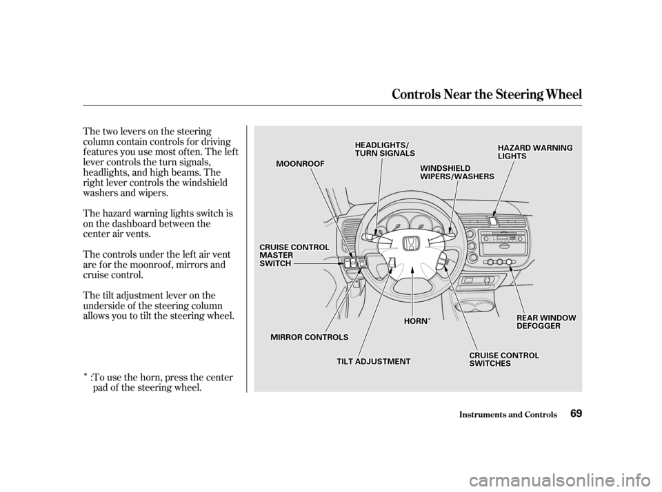 HONDA CIVIC COUPE 2001 7.G Owners Manual Î
Î
Î
Thetwoleversonthesteering
column contain controls f or driving
f eatures you use most of ten. The lef t
lever controls the turn signals,
headlights, and high beams. The
right lever control