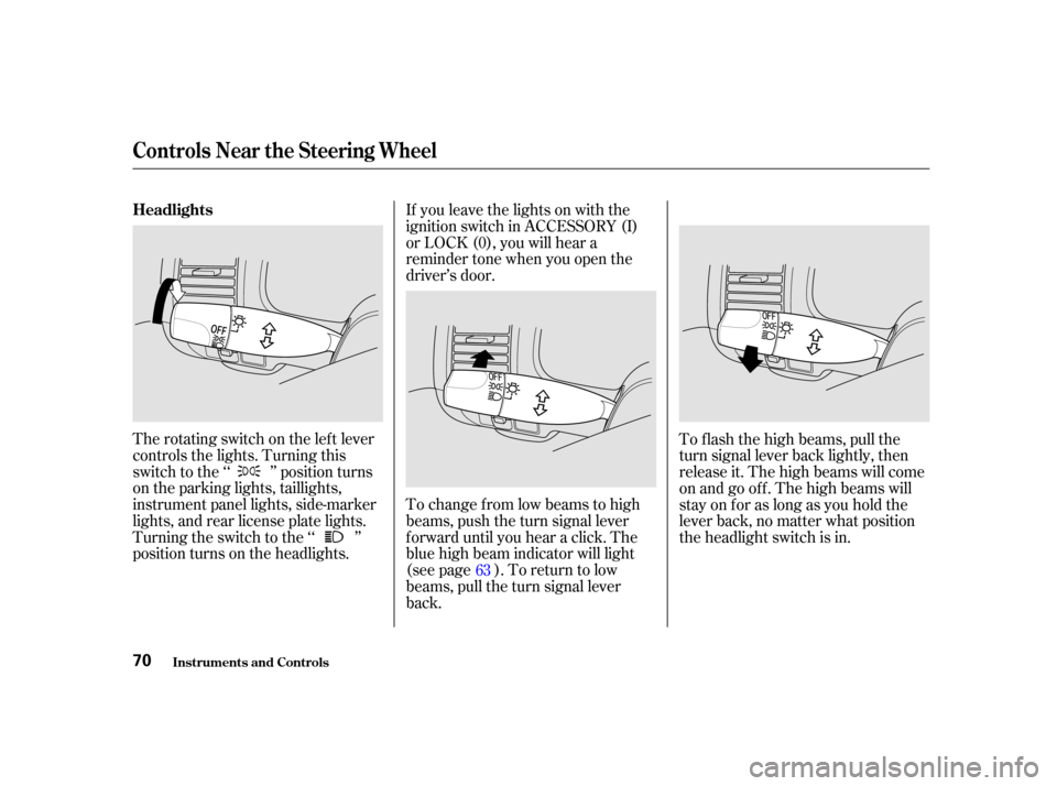HONDA CIVIC COUPE 2001 7.G Owners Manual The rotating switch on the lef t lever
controls the lights. Turning this
switch to the ‘‘ ’’ position turns
on the parking lights, taillights,
instrument panel lights, side-marker
lights, and 