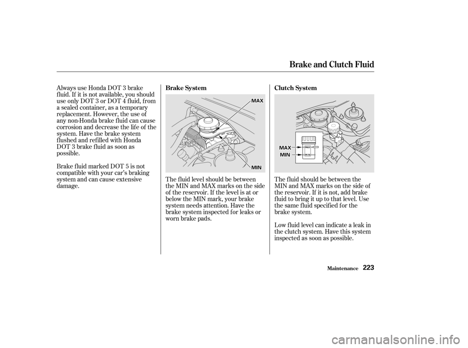 HONDA CIVIC COUPE 2002 7.G Owners Manual The f luid level should be between
theMINandMAXmarksontheside
of the reservoir. If the level is at or
below the MIN mark, your brake
system needs attention. Have the
brake system inspected f or leaks HONDA CIVIC COUPE 2002 7.G Owners Manual The f luid level should be between
theMINandMAXmarksontheside
of the reservoir. If the level is at or
below the MIN mark, your brake
system needs attention. Have the
brake system inspected f or leaks