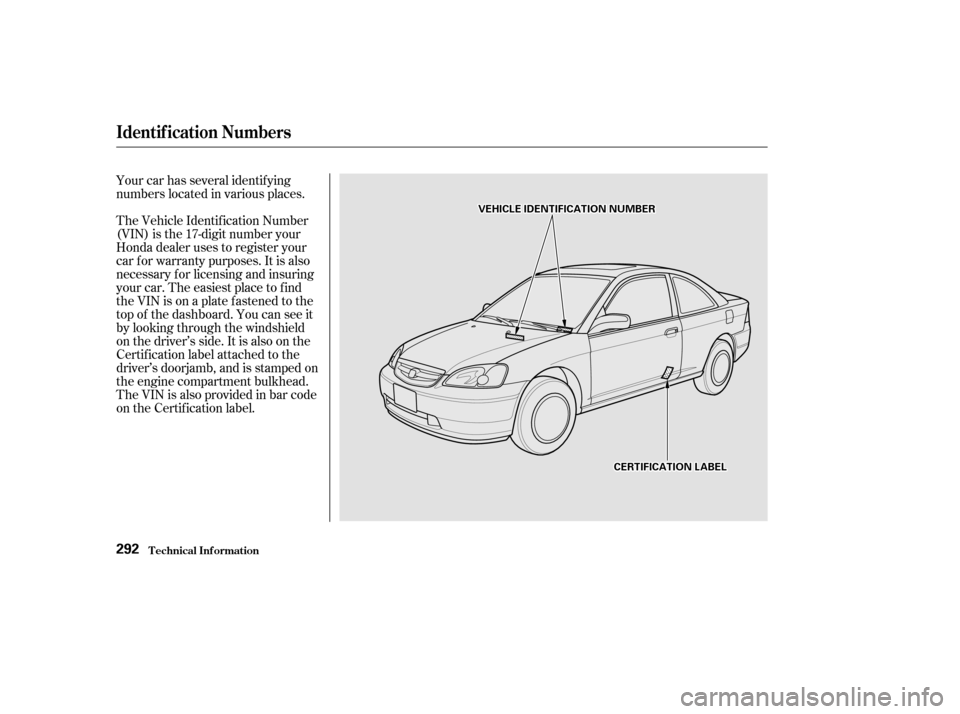 HONDA CIVIC COUPE 2002 7.G Owners Manual Your car has several identif ying 
numbers located in various places. 
The Vehicle Identif ication Number 
(VIN) is the 17-digit number your
Honda dealer uses to register your
car f or warranty purpos