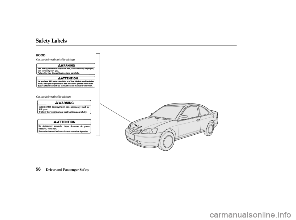HONDA CIVIC COUPE 2002 7.G Owners Manual On models without side airbagsOn models with side airbags
Saf ety L abels
Driver and Passenger Saf ety56
HOOD 