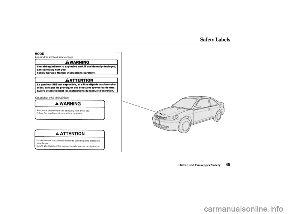 HONDA CIVIC COUPE 2004 7.G Owners Manual On models without side airbagsOn models with side airbags
Driver and Passenger Saf ety
Saf ety L abels
49
HOOD
——y
y
(%yy 