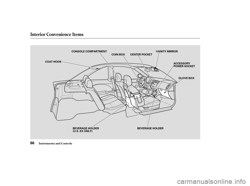HONDA CIVIC COUPE 2004 7.G Owners Manual Inst rument s and Cont rols
Interior Convenience Items
86
VANITY MIRRORGLOVE BOX
CONSOLE COMPARTMENT
COIN BOX CENTER POCKET
ACCESSORY 
POWER SOCKET
COAT HOOK
BEVERAGE HOLDER
BEVERAGE HOLDER
(U.S. EX O