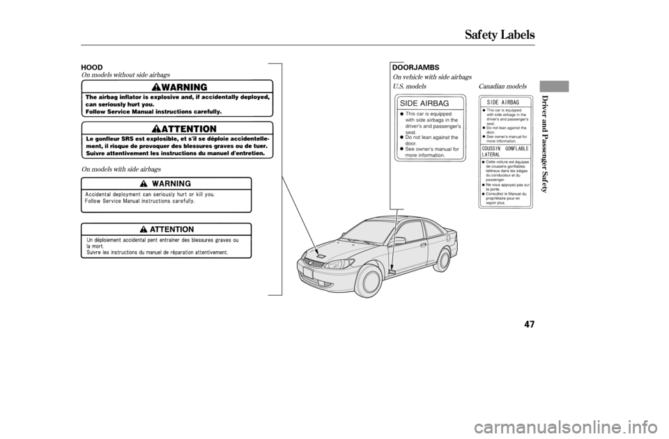 HONDA CIVIC COUPE 2005 7.G Owners Manual On models without side airbagsOn models with side airbags On vehicle with side airbags
U.S. models Canadian models
Saf ety L abels
Driver and Passenger Saf ety
47
HOOD DOORJAMBS
——y