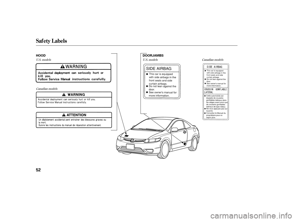 HONDA CIVIC COUPE 2006 8.G Owners Manual Canadian models
U.S. models
Canadian models U.S. models
Saf ety L abels
52
HOOD
DOORJAMBS
——y

y
(+yy 