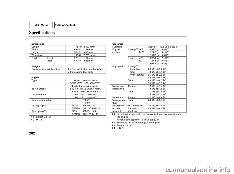 HONDA CIVIC COUPE 2007 8.G Owners Manual ÎÎ
Î
Î Î
Î Î
Î
Î
Î
Î
Î
Î
Î
Î
Î
Î
Î Î
Î
Î
Î
Î
Î
Î
Î
Î
Î
Î
Î Î
Î
Î
Î
Specif ications
282
Dimensions
Weights
EngineCapacities
176.7 in HONDA CIVIC COUPE 2007 8.G Owners Manual ÎÎ
Î
Î Î
Î Î
Î
Î
Î
Î
Î
Î
Î
Î
Î
Î
Î Î
Î
Î
Î
Î
Î
Î
Î
Î
Î
Î
Î Î
Î
Î
Î
Specif ications
282
Dimensions
Weights
EngineCapacities
176.7 in