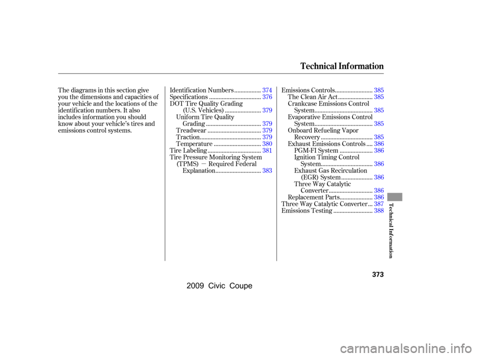 HONDA CIVIC COUPE 2009 8.G Owners Manual µ
Thediagramsinthissectiongive
you the dimensions and capacities of
your vehicle and the locations of the
identif ication numbers. It also
includes inf ormation you should
know about your vehicle HONDA CIVIC COUPE 2009 8.G Owners Manual µ
Thediagramsinthissectiongive
you the dimensions and capacities of
your vehicle and the locations of the
identif ication numbers. It also
includes inf ormation you should
know about your vehicle