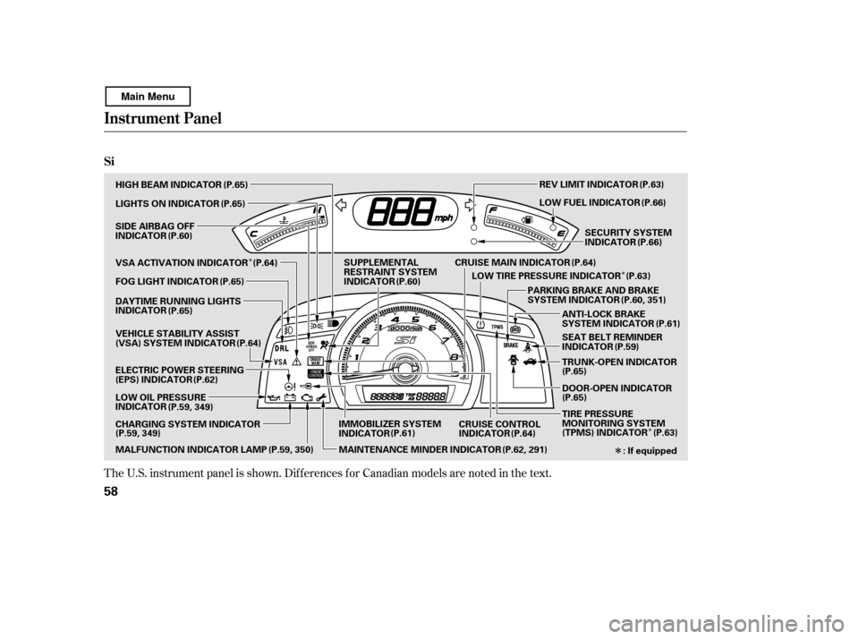 HONDA CIVIC COUPE 2011 8.G Owners Manual ÎÎ
Î
Î
The U.S. instrument panel is shown. Dif f erences f or Canadian models are noted in the text.
Instrument Panel
Si
58
DOOR-OPEN INDICATOR
SEAT BELT REMINDER
INDICATOR
(P.59, 350) LOW FU HONDA CIVIC COUPE 2011 8.G Owners Manual ÎÎ
Î
Î
The U.S. instrument panel is shown. Dif f erences f or Canadian models are noted in the text.
Instrument Panel
Si
58
DOOR-OPEN INDICATOR
SEAT BELT REMINDER
INDICATOR
(P.59, 350) LOW FU