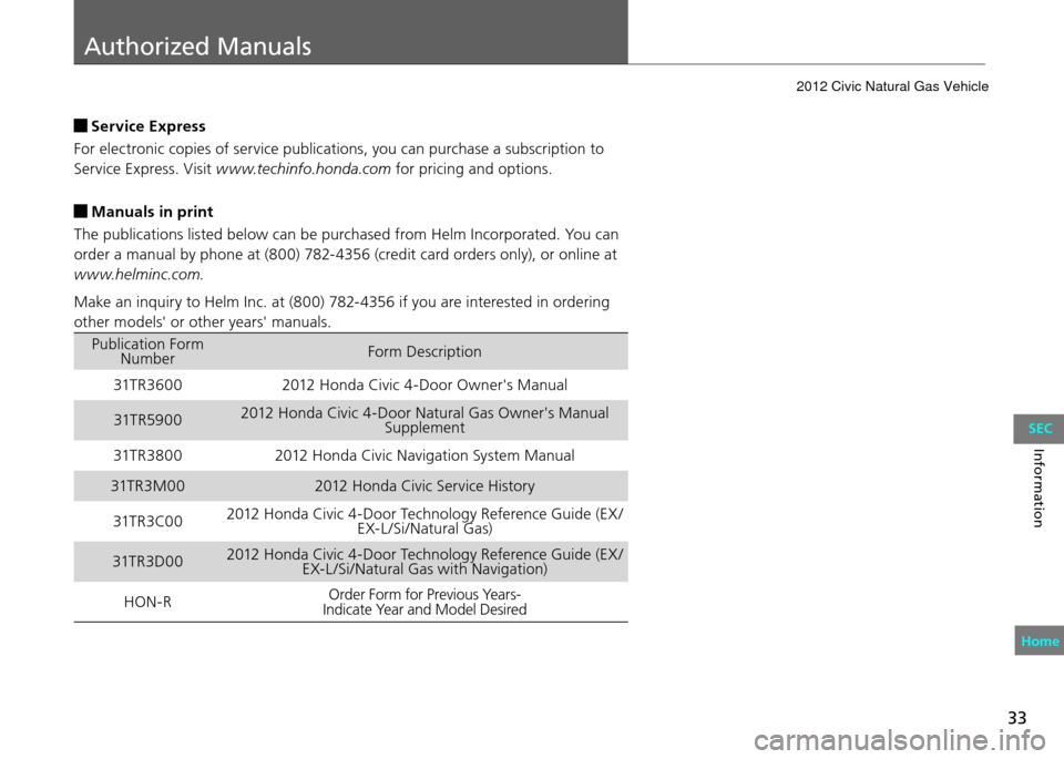 HONDA CIVIC COUPE 2012 9.G Owners Manual 33
Authorized Manuals
Information
 Service Express
For electronic copies of service publications, you can purchase a subscription to 
Service Express. Visit www.techinfo.honda.com  for pricing and opt