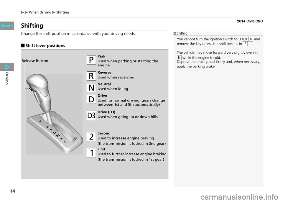 HONDA CIVIC COUPE 2014 9.G CNG Owners Manual  When Driving  Shifting
14
Driving
Shifting
Change the shift position in accordance with your driving needs.
 Shift lever positions
Park
Used when parking or starting the 
engine
Reverse
Used when rev