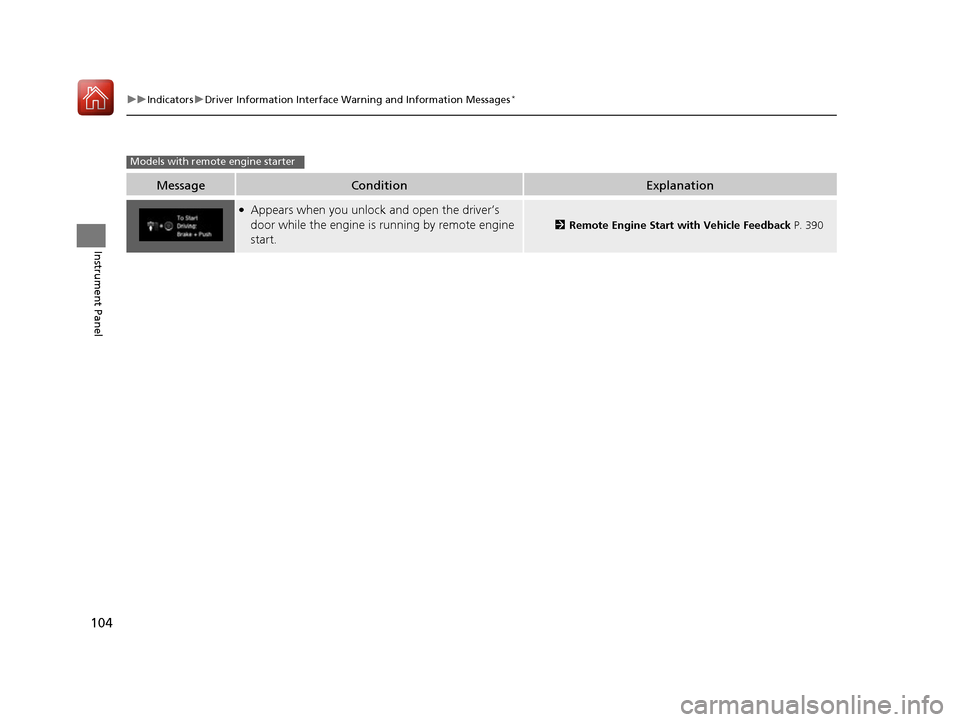 HONDA CIVIC COUPE 2016 10.G Owners Manual 104
uuIndicatorsuDriver Information Interface Warning and Information Messages *
Instrument Panel
MessageConditionExplanation
●
Appears when you unlock and open the driver’s  
door while the engin