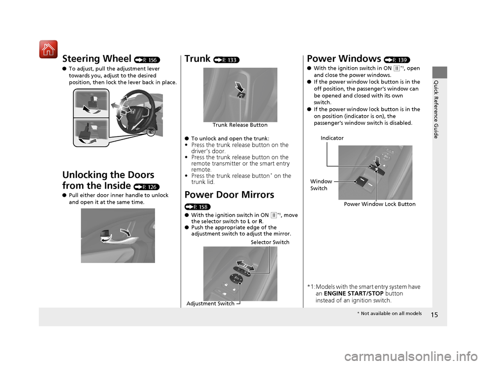 HONDA CIVIC COUPE 2016 10.G Owners Manual 15
Quick Reference Guide
Steering Wheel (P 156)
● To adjust, pull the adjustment lever
towards you, adjust to the desired
position, then lock the lever back in place.
Unlocking the Doors
from HONDA CIVIC COUPE 2016 10.G Owners Manual 15
Quick Reference Guide
Steering Wheel (P 156)
● To adjust, pull the adjustment lever
towards you, adjust to the desired
position, then lock the lever back in place.
Unlocking the Doors
from
