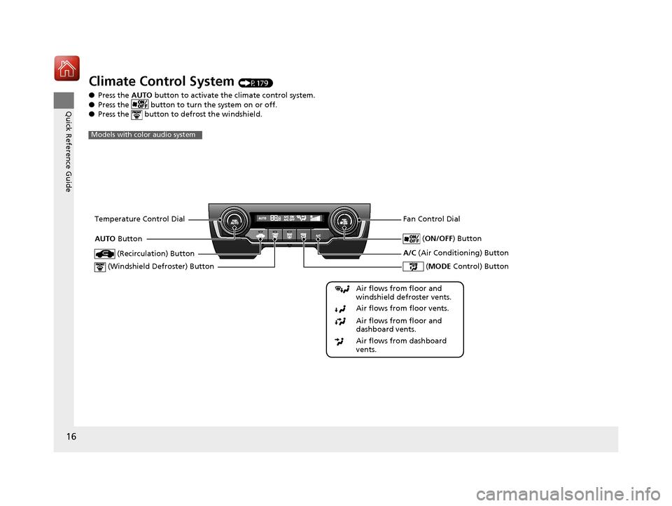 HONDA CIVIC COUPE 2016 10.G Owners Manual 16
Quick Reference Guide
Climate Control System (P179)
● Press the  AUTO button to activate the climate control system.
● Press the   button to turn the system on or off.
● Press the   button to