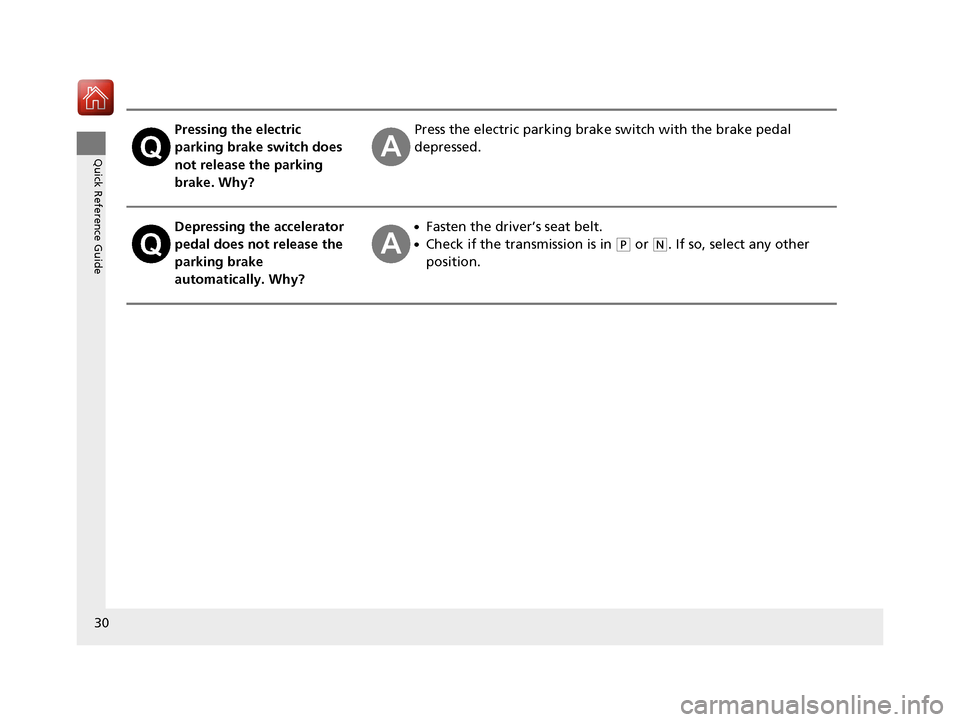 HONDA CIVIC COUPE 2016 10.G Owners Manual 30
Quick Reference Guide
Pressing the electric  
parking brake switch does 
not release the parking 
brake. Why?Press the electric parking brake switch with the brake pedal 
depressed.
Depressing the 