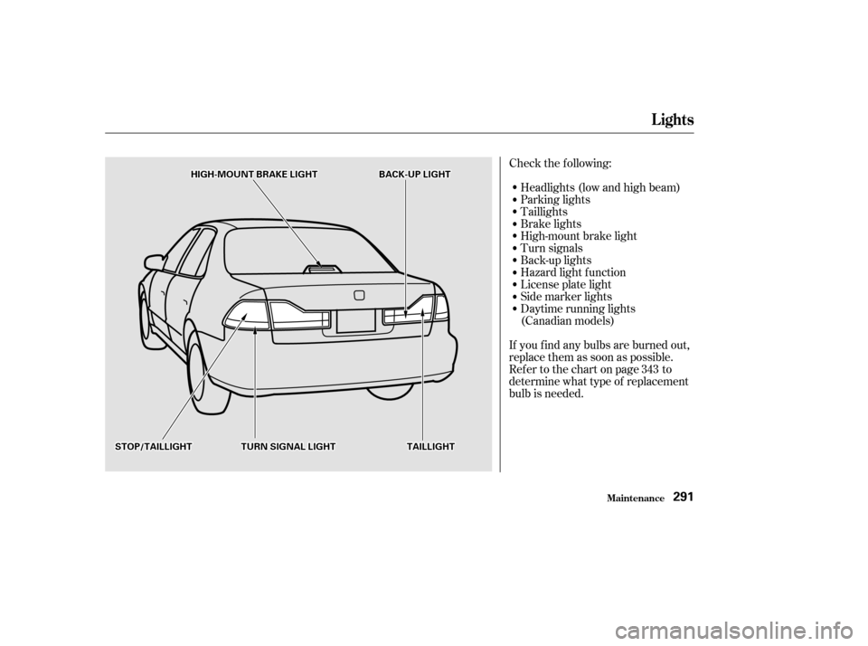 HONDA CIVIC HATCHBACK 2002 7.G Owners Manual Check the f ollowing:Headlights (low and high beam) 
Parking lights
Taillights
Brake lights
High-mount brake light
Turn signals
Back-up lights
Hazard light f unction
License plate light
Side marker li
