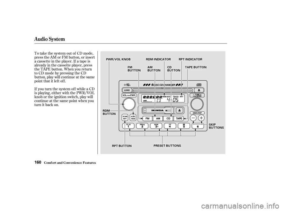 HONDA CIVIC HATCHBACK 2002 7.G Owners Manual To take the system out of CD mode, 
press the AM or FM button, or insert
a cassette in the player. If a tape is
already in the cassette player, press
the TAPE button. When you return
to CD mode by pre