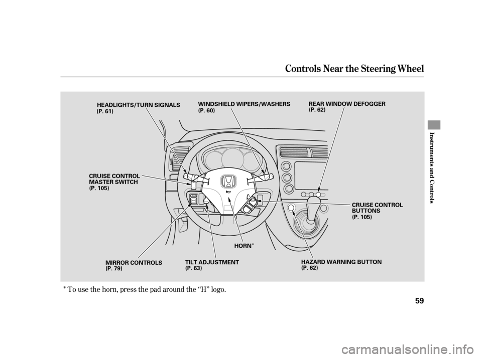 HONDA CIVIC HATCHBACK 2005 7.G Owners Manual Î
Î To use the horn, press the pad around the ‘‘H’’ logo.
Controls Near the Steering Wheel
Inst rument s and Cont rols
59
REAR WINDOW DEFOGGER
MIRROR CONTROLS TILT ADJUSTMENTHORN
HEADLIGHT