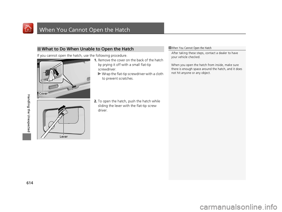 HONDA CIVIC HATCHBACK 2017 10.G Owners Manual 614
Handling the Unexpected
When You Cannot Open the Hatch
If you cannot open the hatch, use the following procedure.1.Remove the cover on the back of the hatch 
by prying it off with a small flat-tip