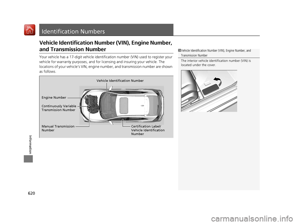 HONDA CIVIC HATCHBACK 2017 10.G Owners Manual 620
Information
Identification Numbers
Vehicle Identification Number (VIN), Engine Number, 
and Transmission Number
Your vehicle has a 17-digit vehicle identification number (V IN) used to register yo