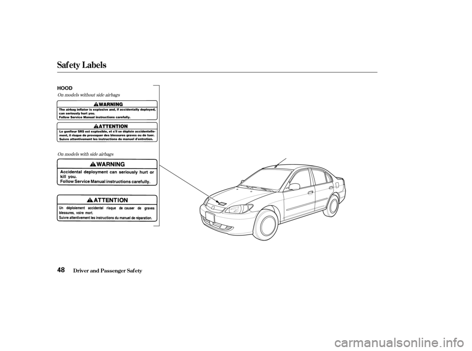 HONDA CIVIC HYBRID 2004 7.G Owners Manual On models without side airbagsOn models with side airbags
Saf ety L abels
Driver and Passenger Saf ety48
HOOD 