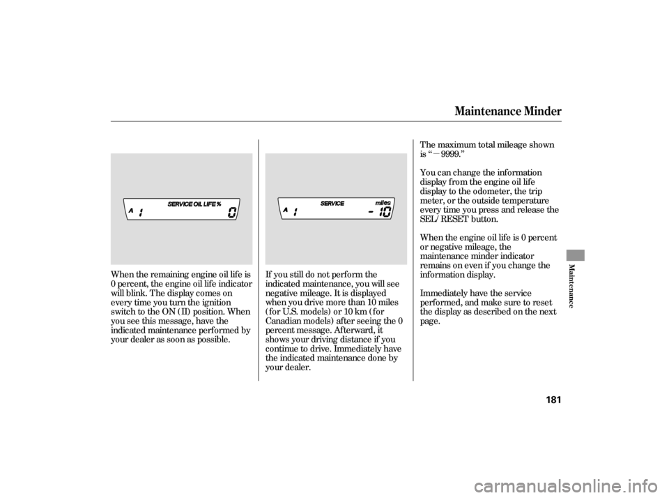 HONDA CIVIC HYBRID 2006 8.G Owners Manual µ
If you still do not perf orm the
indicated maintenance, you will see
negative mileage. It is displayed
when you drive more than 10 miles
(f or U.S. models) or 10 km (f or
Canadian models) af ter s