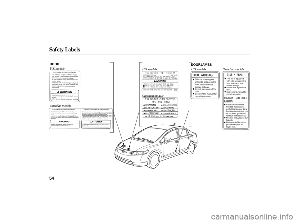 HONDA CIVIC HYBRID 2006 8.G Owners Manual Canadian models
U.S. models
U.S. models
Canadian models Canadian models
U.S. models
Saf ety L abels
54
HOOD
DOORJAMBS
——y
y
(#yy 