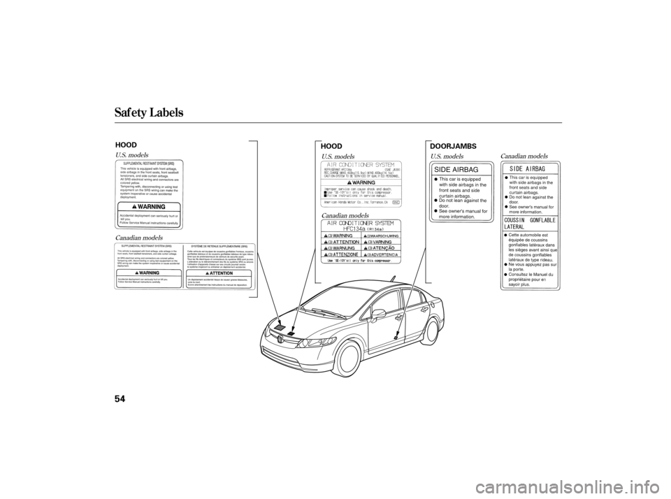HONDA CIVIC HYBRID 2007 8.G Owners Manual Canadian models
U.S. models
U.S. models
Canadian models Canadian models
U.S. models
Saf ety L abels
54
HOOD
DOORJAMBS
HOOD 