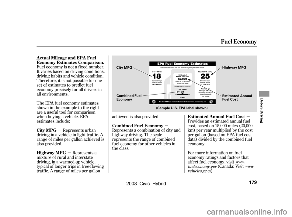 HONDA CIVIC HYBRID 2008 8.G Owners Manual µ
µ µ
µ
Fuel economy is not a f ixed number.
It varies based on driving conditions,
driving habits and vehicle condition.
Theref ore, it is not possible f or one
set of estimates to predict HONDA CIVIC HYBRID 2008 8.G Owners Manual µ
µ µ
µ
Fuel economy is not a f ixed number.
It varies based on driving conditions,
driving habits and vehicle condition.
Theref ore, it is not possible f or one
set of estimates to predict