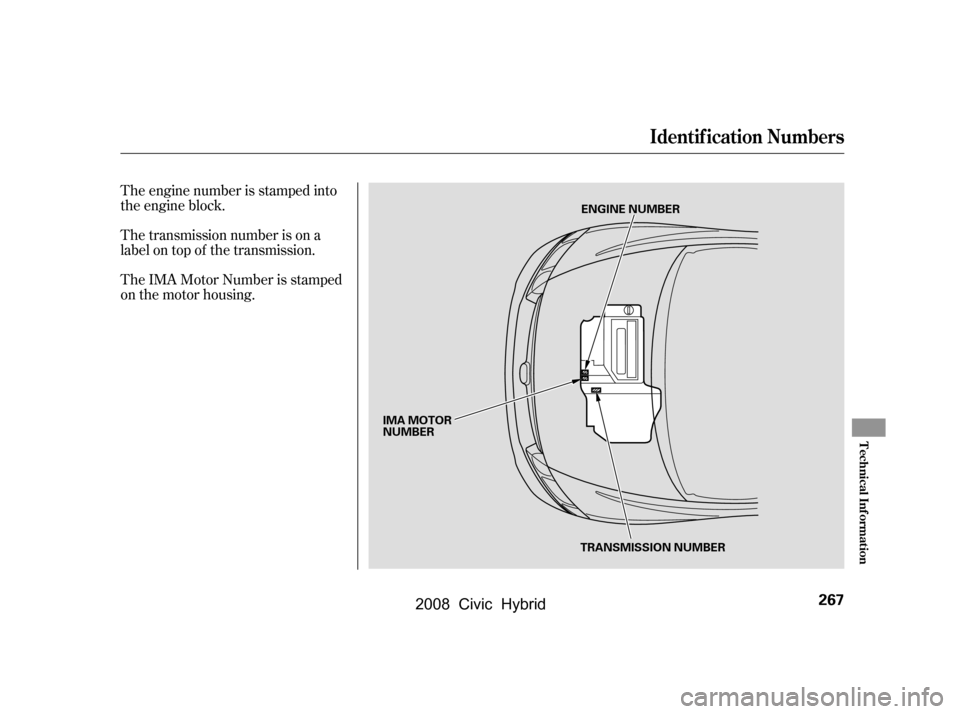 HONDA CIVIC HYBRID 2008 8.G Owners Manual The engine number is stamped into 
the engine block. 
The transmission number is on a 
label on top of the transmission. 
The IMA Motor Number is stamped 
on the motor housing.
Identif ication Numbers